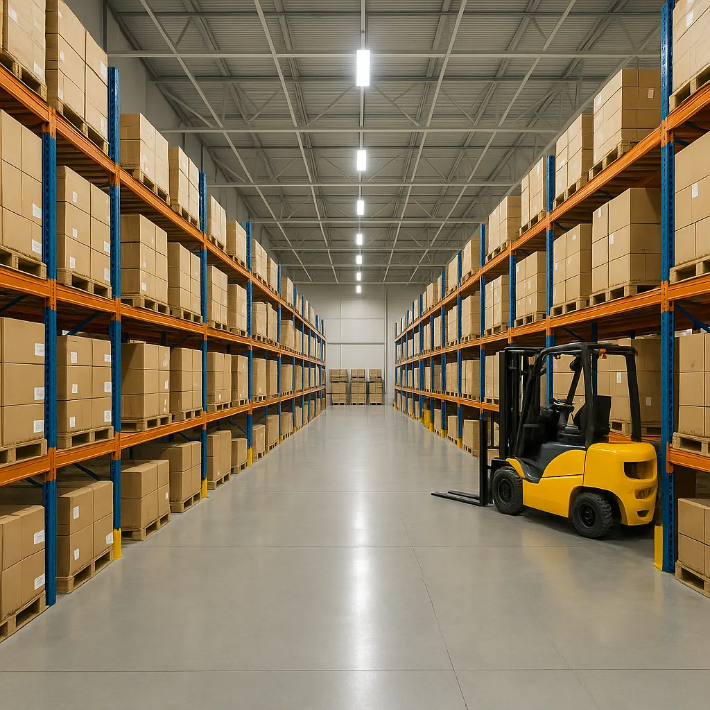 A clean and organized modern warehouse with shelves and boxes.